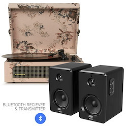 Crosley Voyager Bluetooth Portable Turntable - Floral + Bundled Majority D40 Bluetooth Speakers - Black