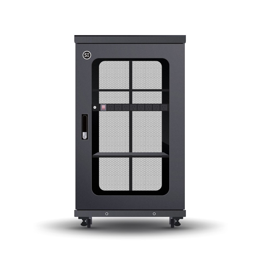 Serveredge 22Ru Fully Assembled Free Standing Server Cabinet - 600W X 800D X 1166H Includes:Lockable Front Glass DoorLockable Dual Rear Mesh Doors1 X 8 Way Pdu1 X 4 Way Roof Mount Fan Unit 2 X Fixed S