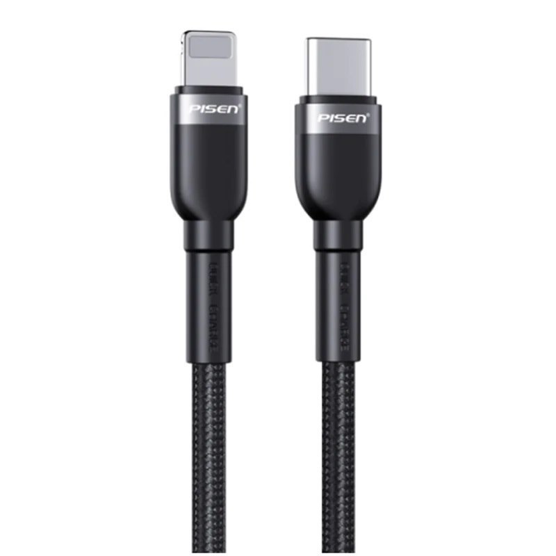 Pisen Braided Lightning To Usb-C PD Fast Charge Cable (2M) Black-Supports 3A,Reinforced Wire Treatment For Damage Resistance,Apple iPhone/iPad/MacBook