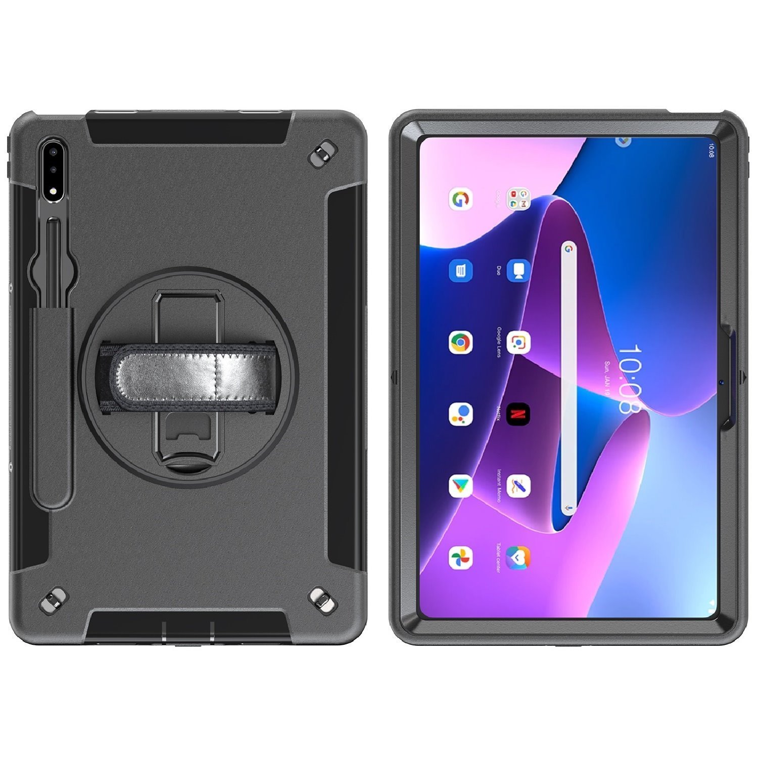 Pisen Generic Rugged Lenovo Tab P11 (11') (3RD Gen) Case + Screen Protector Black - Built-in-Kickstand, Adjustable Hand Strap, Shoulder Strap, Pen Holder