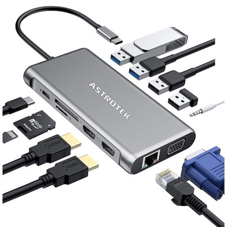 Astrotek Usb C Dock, 12 In 1, With 2X Hdmi, 1X Vga, 1XRJ45, 3Xusb3.0, 1X Usb 2.0, TF/SD Card Reader, 3.5MM Audio, Type C PD Charging, Alumium House