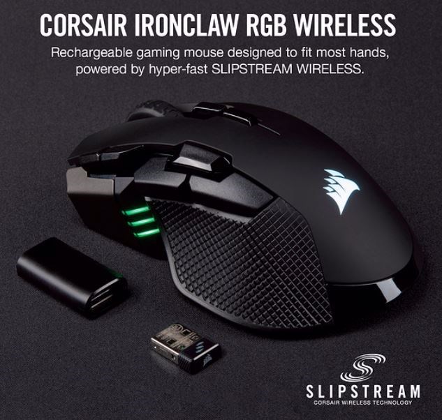 Corsair Ironclaw RGB Wireless, Rechargeable Gaming Mouse With Slispstream Wireless Technology, Black, Backlit RGB Led, 18000 Dpi, Optical