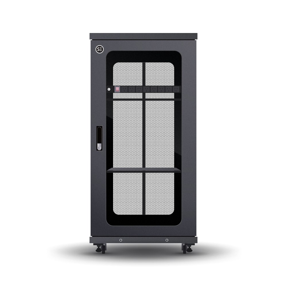 Serveredge 27Ru Fully Assembled Free Standing Server Cabinet - 800W X 800D X 1387H. Includes Front Glass Door Dual Rear Mesh Doors 1 X 8 Way Pdu 1 X 2 Fan Unit 2 X Shelves L- Shaped Rails 40 X Cage Nu