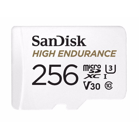 SanDisk High Endurance microSDXC Card, SQQNR 256G, Uhs I, C10, U3, V30, 100MB/s R, 40MB/s W, SD Adaptor, 2Y