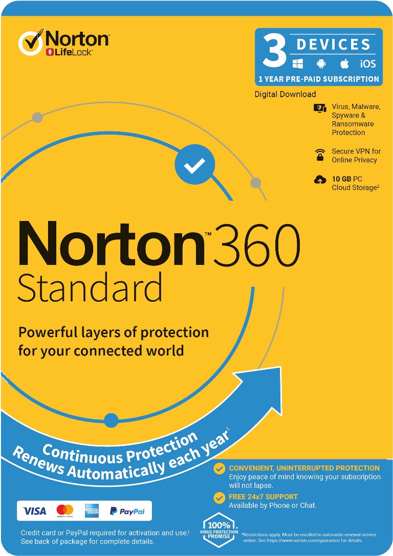 Norton 360 Standard, 10GB, 1 User, 3 Devices, 12 Months, PC, Mac, Android, Ios, DVD, Subscription