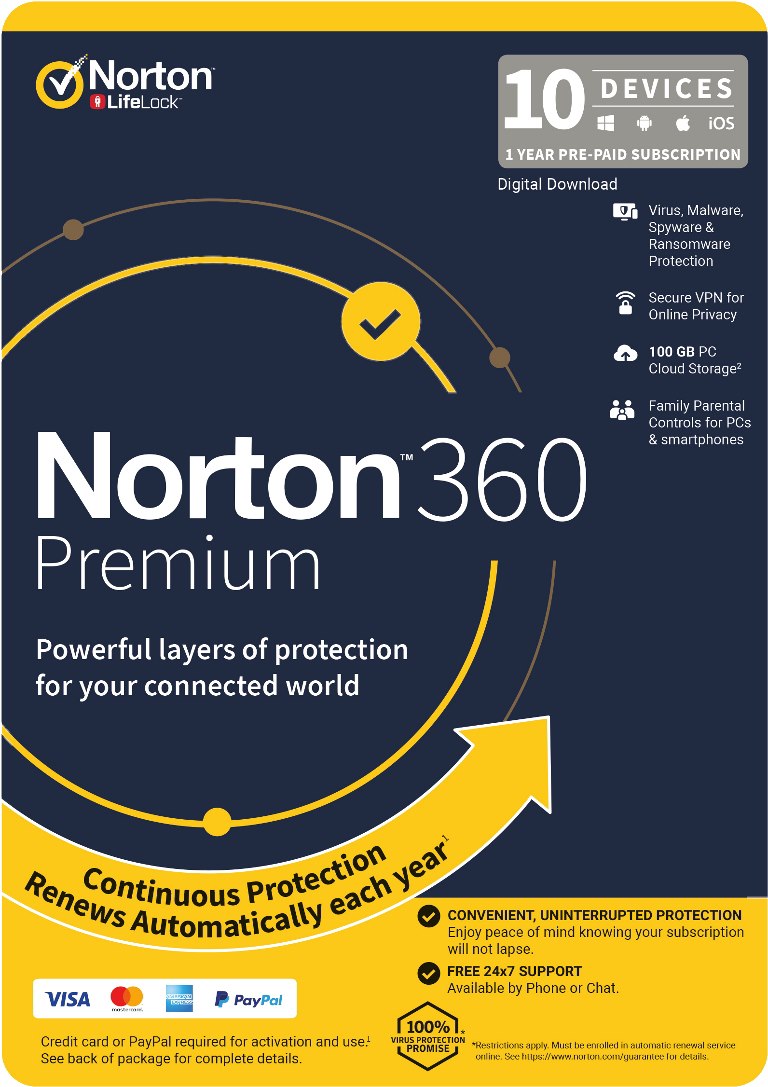 Norton 360 Premium, 100GB, 1 User, 10 Devices, 12 Months, PC, Mac, Android, Ios, DVD, VPN, Parental Controls, Retail Edition - Subscription