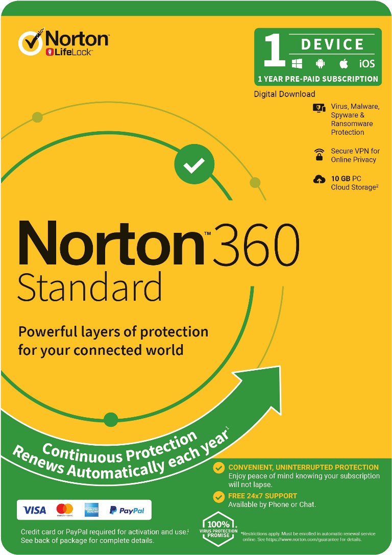 Norton 360 Standard, 10GB, 1 User, 1 Device, 12 Months, PC, Mac, Android, Ios, DVD, VPN, Parental Controls, Attach Oem Edition, Subscription