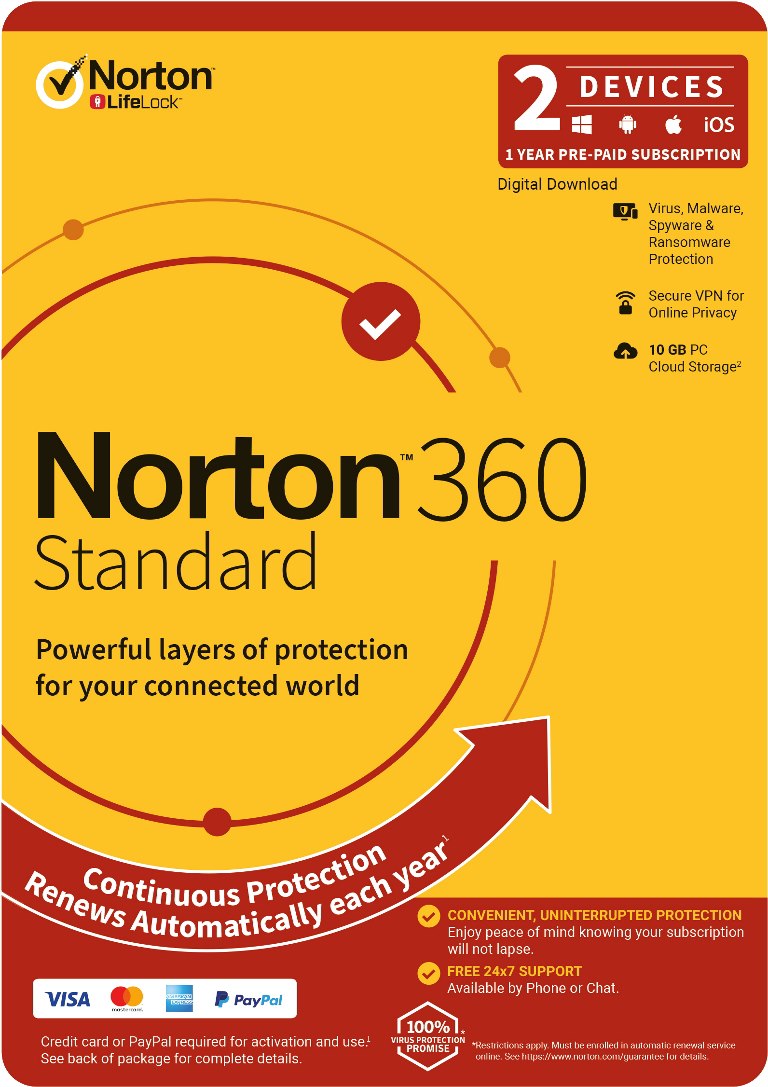 Norton 360 Standard, 10GB, 1 User, 2 Devices, 12 Months, PC, Mac, Android, Ios, DVD, Oem, Subscription