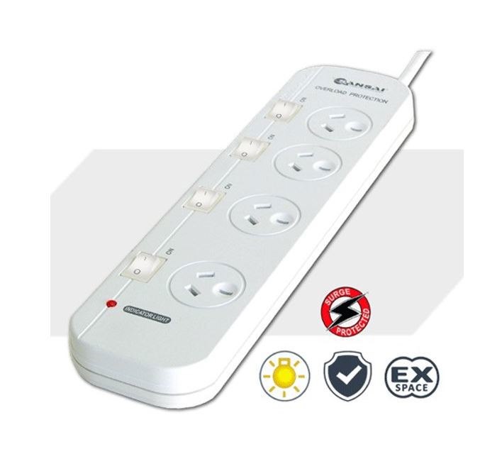 Generic Sansai 4-Way Power Board (421SW) With Individual Switches And Surge Protection 2 Extra Spaced Sockets Indicator Light 100CM Lead 240Vac 50Hz 10A