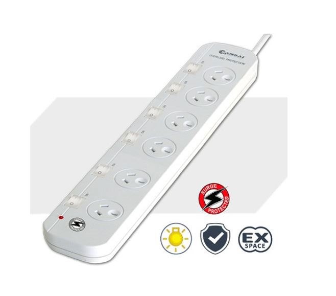 Generic Sansai 6-Way Power Board (661SW) With Individual Switches And Surge Protection Overload Protected Reset Button Indicator Light 100CM Lead 240Vac 10A
