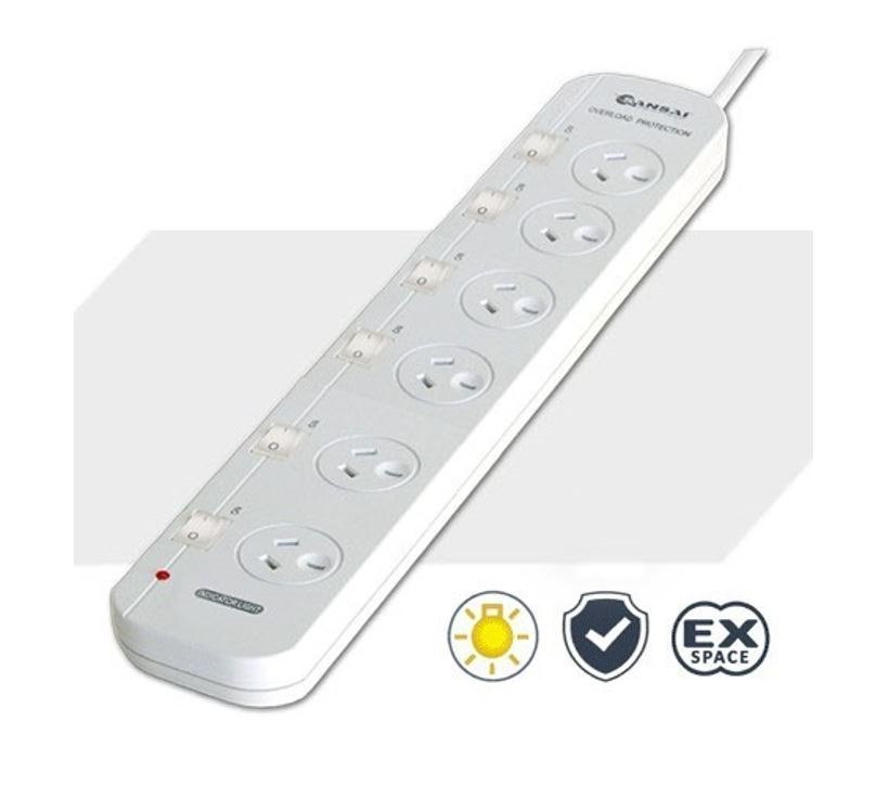 Generic Sansai 6 Way Powerboard 6 Outlet 10A 240V Individually Switched 3 Extra Spaced Sockets 1M Length