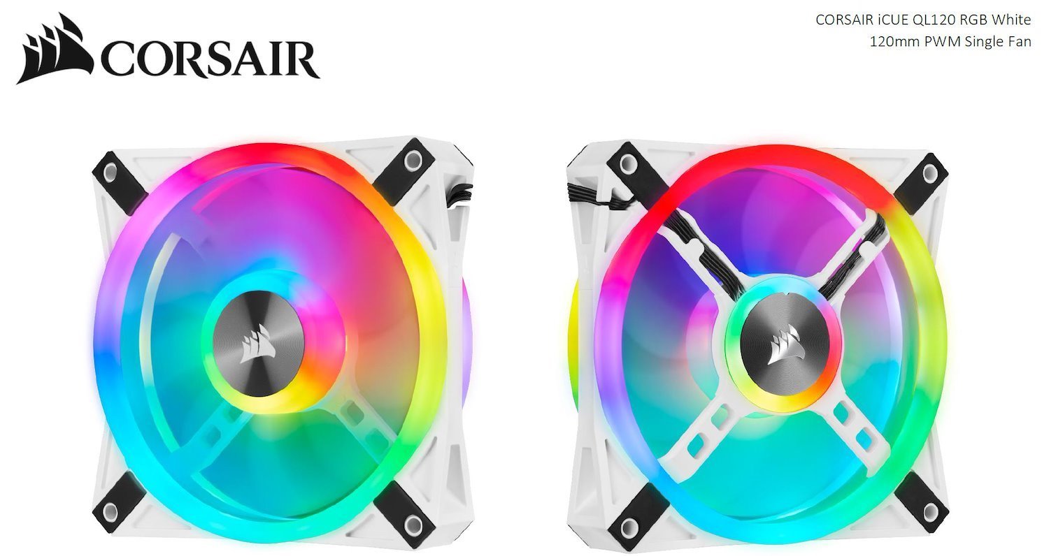 Corsair QL120 RGB White, Icue, 120MM RGB Led PWM Fan 26dBA, 41.8 CFM, Single Pack