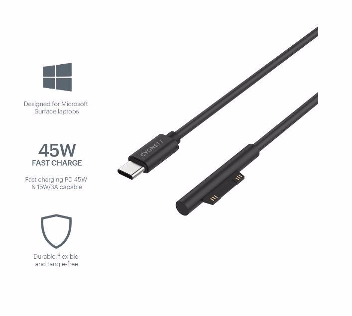 Cygnett Cable Usb-C To Microsoft Surface Laptop Cable 1M - Black (Cy3034uscms), Supports 45W Fast Charging, Microsoft Surface Pro, Go, Book Or Laptop