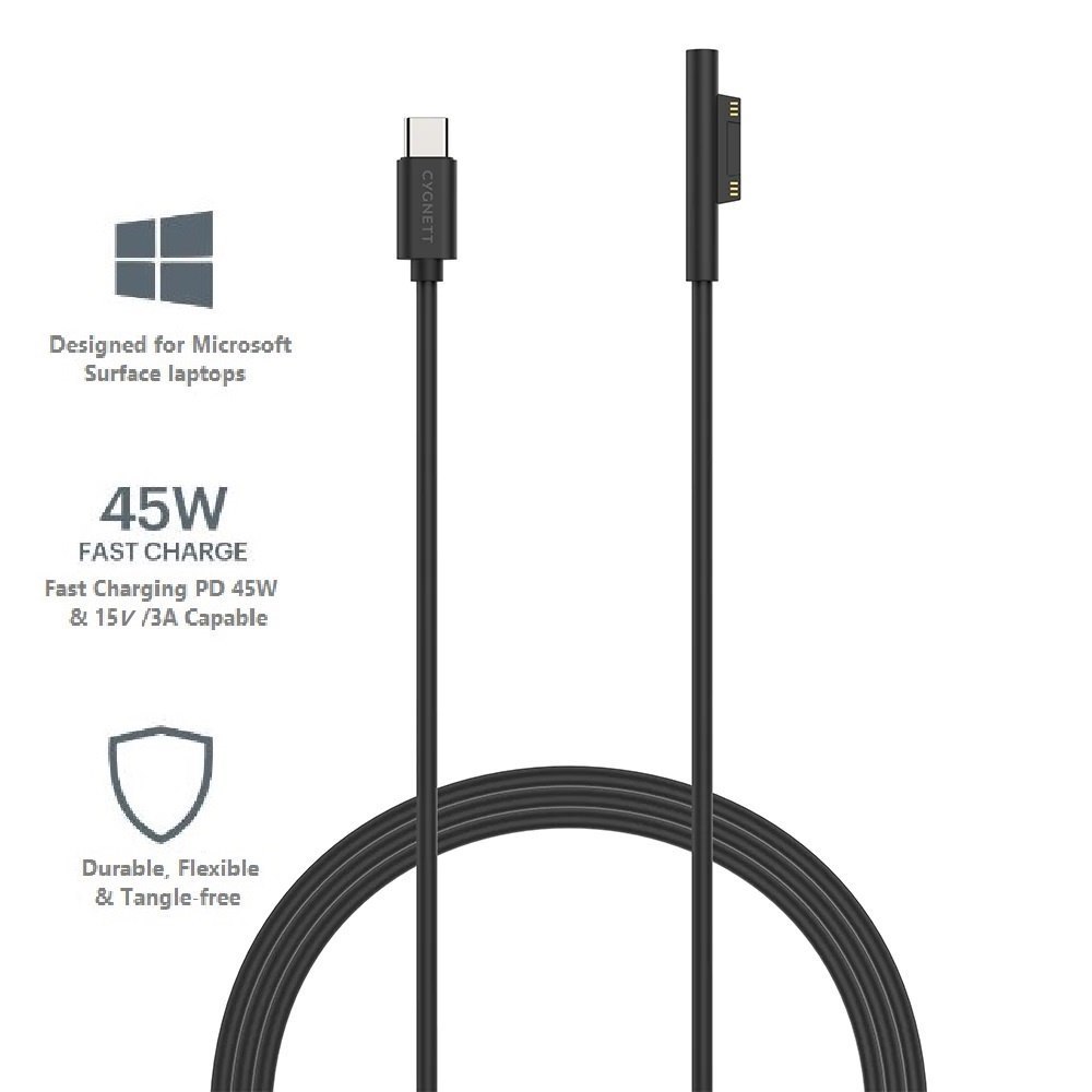 Cygnett Essentials Usb-C To Microsoft Surface Laptop Cable (1M) - Black (Cy3034uscms), 45W Fast Charging, Magnetic Connection, Quick & Safe,2 YR. WTY.