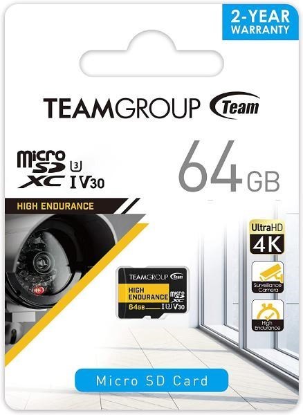 Team Group High Endurance 64GB Micro SDXC Uhs-I U3 V30 4K 100MB/s (Designed For Monitoring) Stable Durable Long Lasting Flash Memory Card For Security