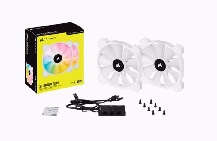 Corsair White SP140 RGB Elite, 140MM RGB Led Fan With AirGuide, 68 CFM, Dual Pack With Lighting Node Core