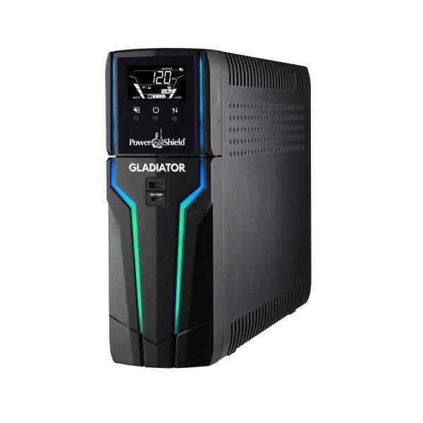 PowerShield Gladiator 1500Va 900W Gaming Ups, Real Time Cpu Temp, Speed, Load, 2 X Usb Charging Ports, Replaceable Battery, Pure Sinewave, RGB Lights