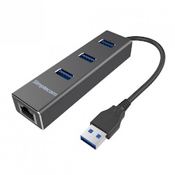 Simplecom CHN410 Black Aluminium 3 Port Usb 3.0 Hub With Gigabit Ethernet Adapter 1000Mbps For PC Mac - Cbat-Usbclan