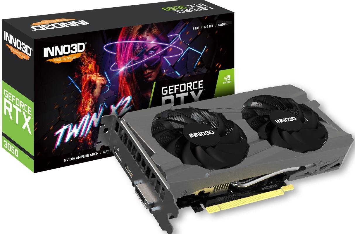 Inno3d nVidia GeForce RTX 3050 Twin X2 Gpu 8GB GDDR6, 1777MHz Boost Clock, Ram 14Gbps, 1xDP, 1xHDMI, 1X Dvi