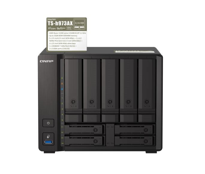 Qnap TS-h973AX-32G,9-bay Nas, Amd Ryzen V1500B 4C 8T 2.2GHz, 32GB DDR4 Sodimm, 5 X 2.5"/3.5" Sata 6Gbps + 2 X 2.5" U.2 NVMe PCIe Gen3 X4 / 2.5" Sata, 3 YRS WTY