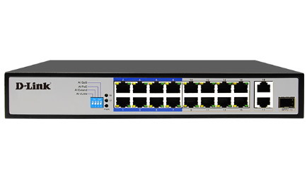 D-Link | Des-F1018p-E | 18 Port PoE Switch With 16 PoE Ports (8 Long Reach 250M) And 2 Gigabit Uplink Ports