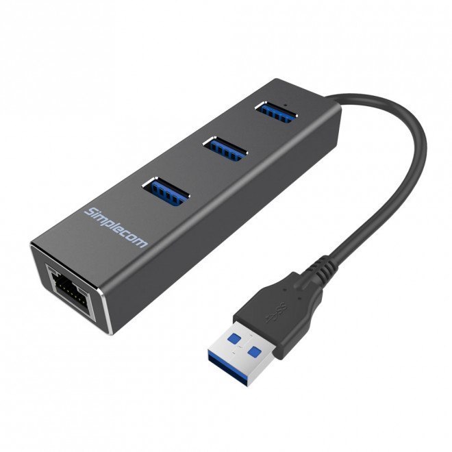 Simplecom CHN410 Black Aluminium 3 Port Usb 3.0 Hub With Gigabit Ethernet Adapter 1000Mbps For PC Mac (LS)