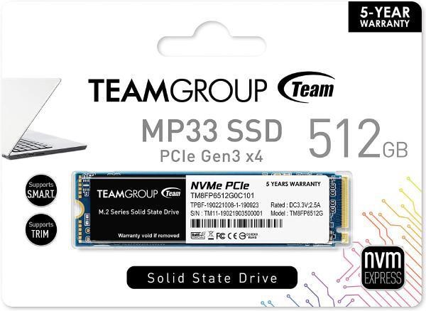 Team Group MP33 512GB, M.2 (2280), NVMe 1.3, R/W(Max) 1700MB/s, 1400MB/s, 220K/200K Iops, 350TBW, 5 Years Warranty