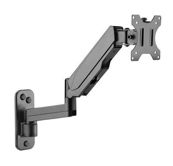 Brateck 17'-32' Single Screen Wall Mounted Gas Spring Monitor Arm. Max Load: 9KGS. Vesa 75X75 & 100X100. Extend, Tilt And Swivel. Detachable Vesa Plate. Max Arm Extn - 422MM. Matte Black Color