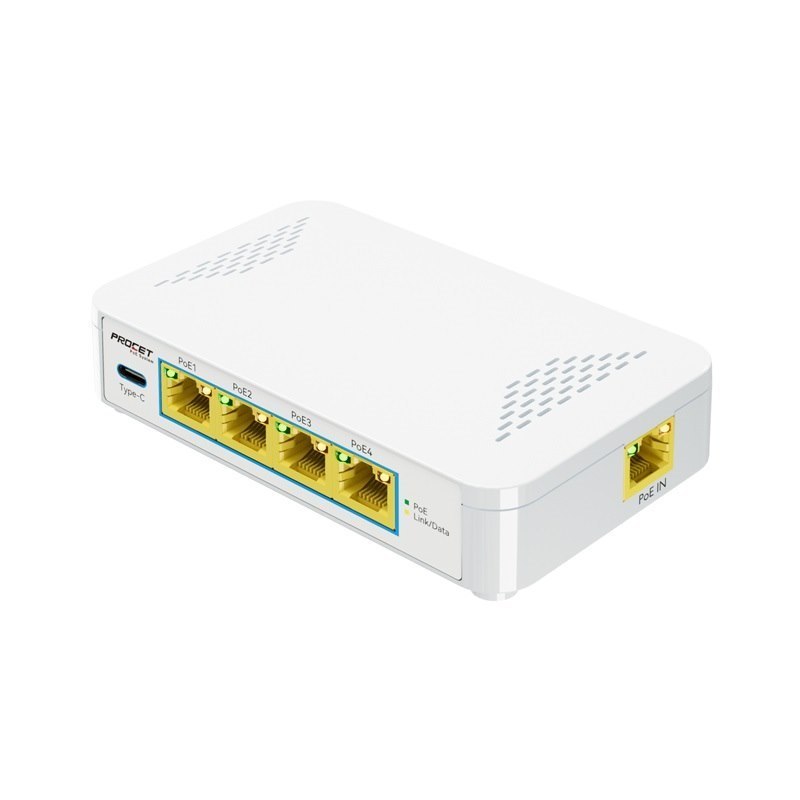 Procet Gigabit PoE Extender With Usb-C Out And 4 Port 65 Watt PoE Switch