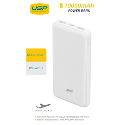 Usp 10K mAh Power Bank (37W) With Triple Ports (Usb-C + Dual Usb-A) White - Led Power Indicator,Fast & Safe,Intelligent Charging,Meet Airport Aviation