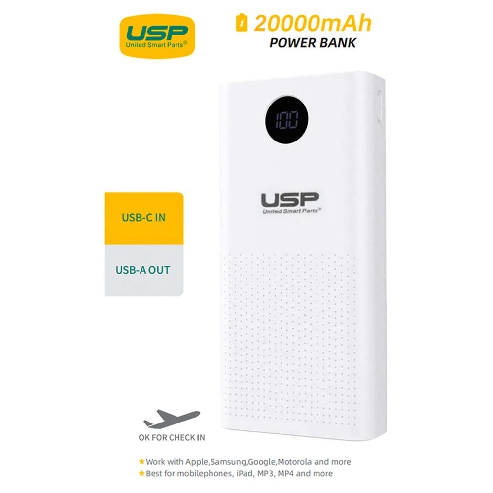 Usp 20K mAh Power Bank - White, 2 Usb-A Outputs (5W & 10W), 2 Usb Input, Digital Display, Comfortable Grip, Charge 2 Devices, Intelligent Matching