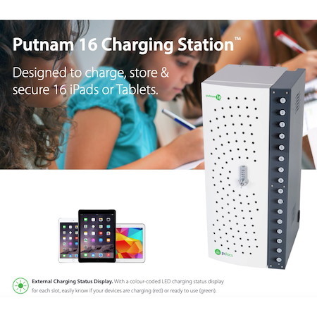 Putnam 16 Charging Station by PC Locs - Designed to charge, store and secure 16 iPad devices. Comes pre- wired with MFi Approved Lightning cables.