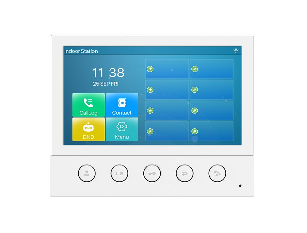 53W VoIP SIP indoor station, 1 x Fast Ethernet, PoE required, 7 inch touch colour LCD, Wi-Fi 802.11g, 8 x alarm inputs, 1 x RS485 interface.