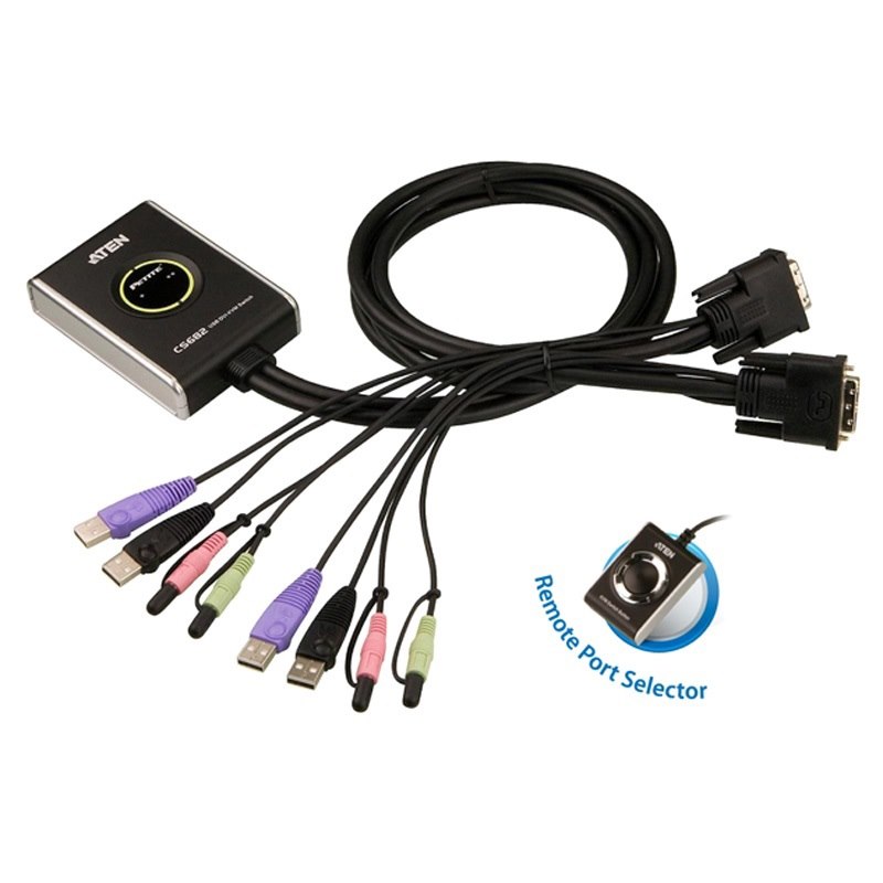 Aten Compact KVM Switch 2 Port Single Display Dvi W/ Audio, 1.2M Cable, Remote Port Selector,