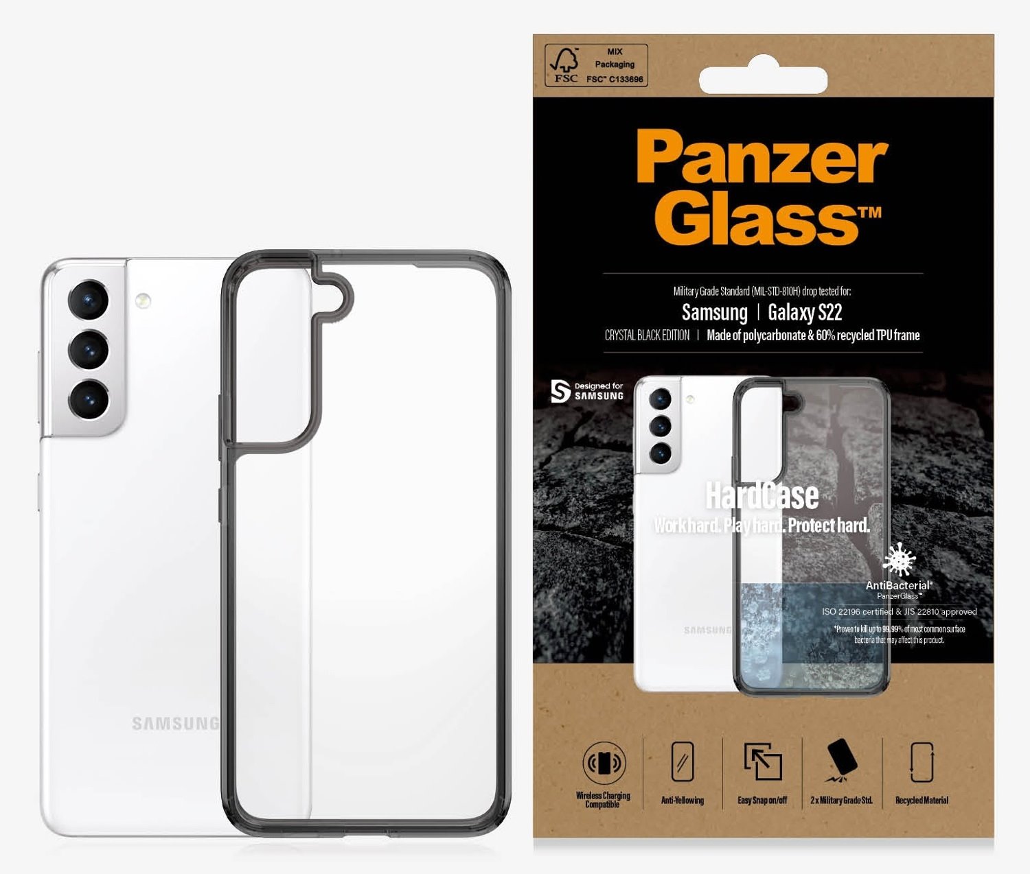 PanzerGlass™ HardCase Samsung Galaxy S22 - Crystal Black (0371), 2X Military Grade Standard, Anti-Yellowing, Recycled Material, Easy Snap On/Off