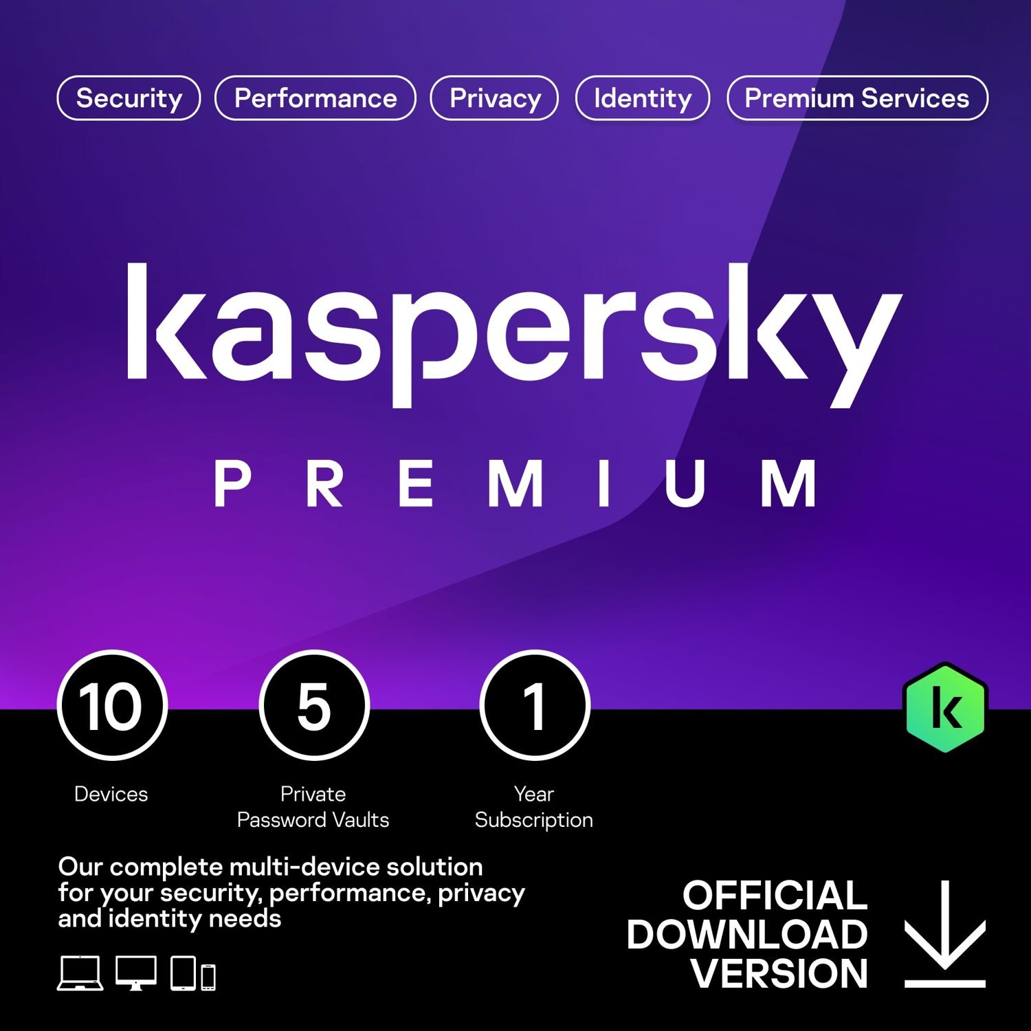 Kaspersky Premium License Pack (10 Device, 1 Account, 1 Year) Supports PC, Mac, & Mobile