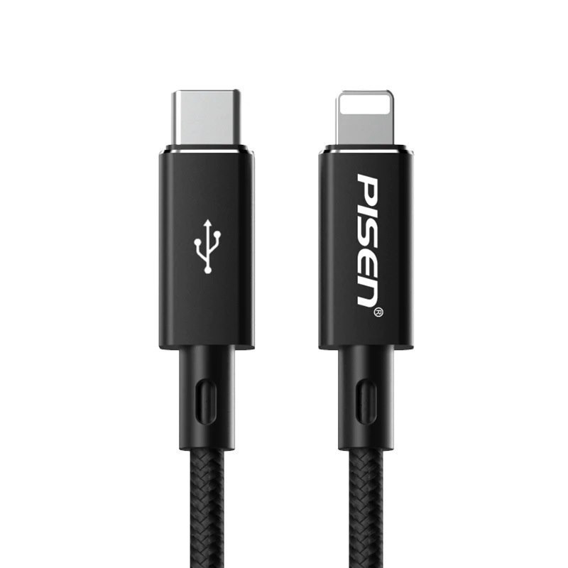 Pisen Braided Lightning To Usb-C PD Fast Charge Cable (1M) Black - Support 3A, Anti-Breaking, Reinforced & More Durable, Aluminum Alloy Shell