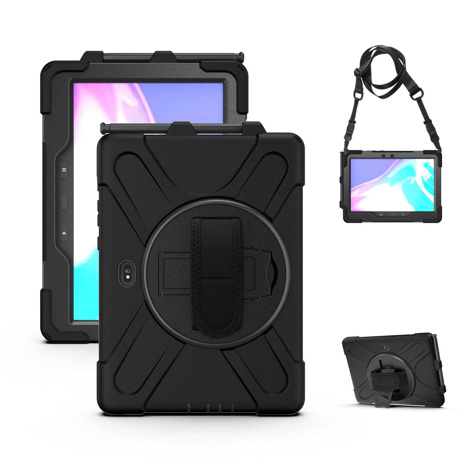 Pisen Rugged Samsung Galaxy Tab Active4 Pro (10.1') Case Black - Built-in-Kickstand, Adjustable Hand Strap, Shoulder Strap, Pen Holder, DropProof