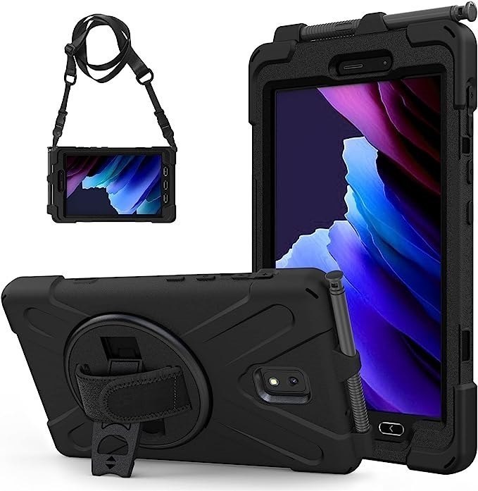 Pisen Rugged Samsung Galaxy Tab Active3 (8') Case Black - Built-in-Kickstand, Adjustable Hand Strap, Shoulder Strap, Pen Holder, DropProof