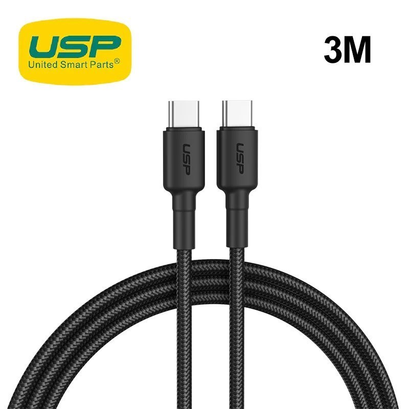 Usp BoostUp Braided Usb-C To Usb-C Cable (3M) Black -3A Fast & Safe Charge,Strong & Durable,Anti-Break,Avoid Knotting,Bend Resistant,Convenient Velcro