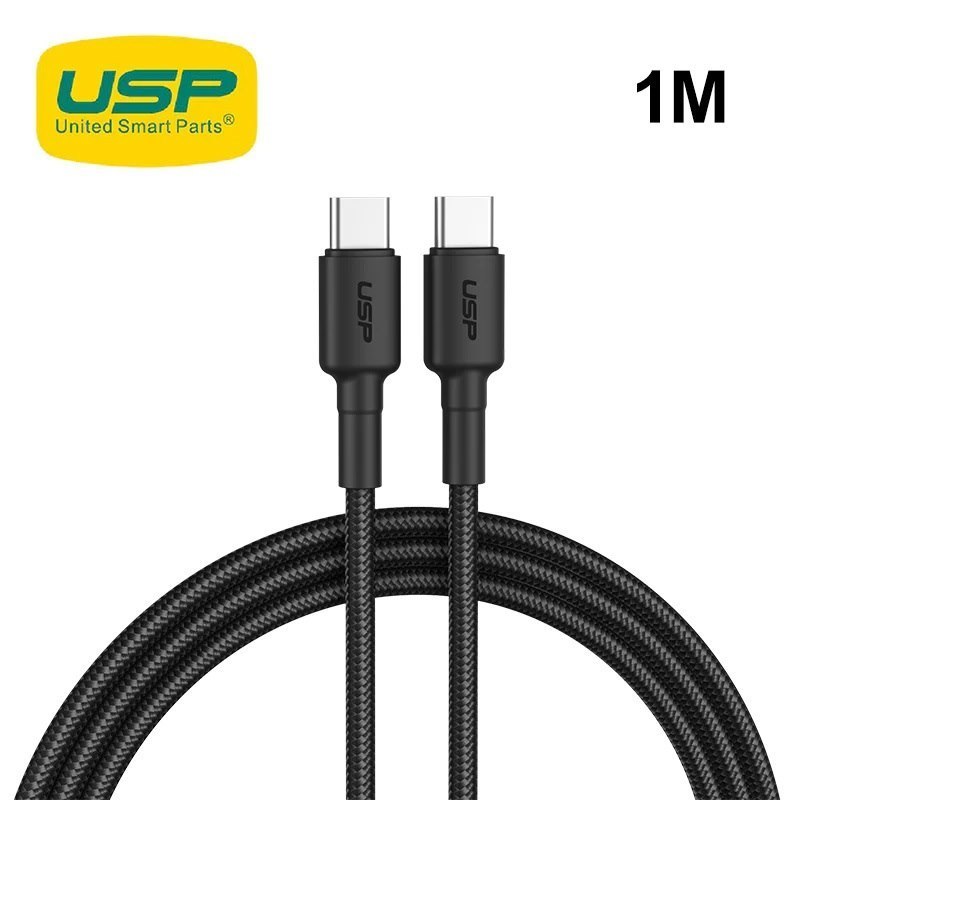 Usp BoostUp Braided Usb-C To Usb-C Cable (1M) Black -3A Fast & Safe Charge,Strong & Durable,Anti-Break,Avoid Knotting,Bend Resistant,Convenient Velcro