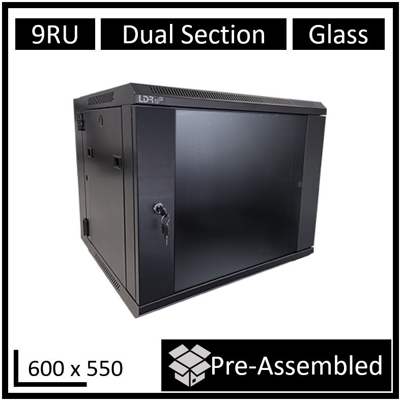 LDR Assembled 9U Hinged Wall Mount Cabinet (600MM X 550MM) Glass Door - Black Metal Construction - Top Fan Vents - Side Access Panels