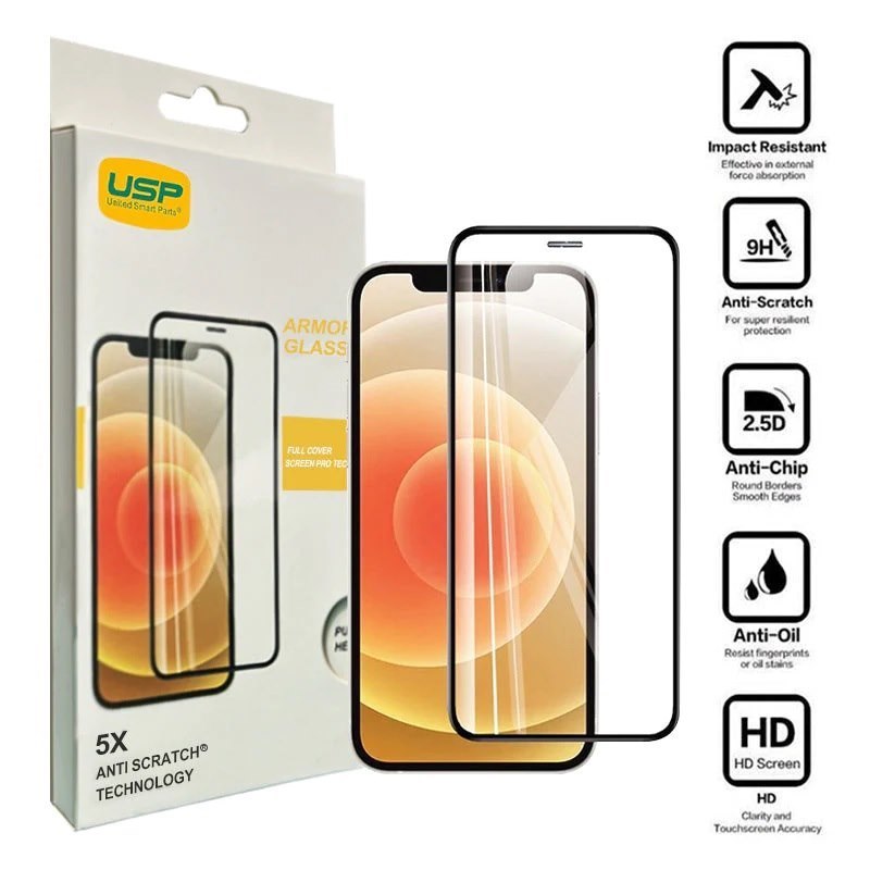 Usp Apple iPhone 15 (6.1') Armor Glass Full Cover Screen Protector - 5X Anti Scratch Technology, Perfectly Fit Curves, 9H Surface Hardness