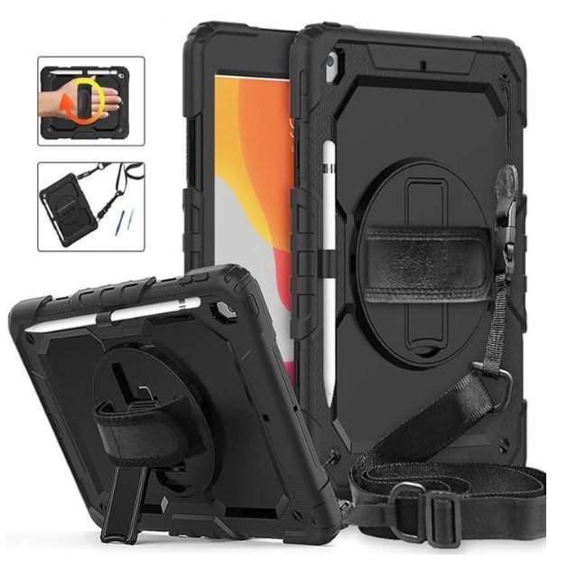 Pisen Rugged Apple iPad (10.2') (9TH/8TH/7TH Gen) Case Black - Built-in-Kickstand, Adjustable Hand Strap, Shoulder Strap, Pen Holder, DropProof