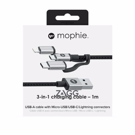 Mophie Tri-Tip Cable -1M - Black (409903220), Lightning Connector, 3-In-1 Charging Cable, 1M Length