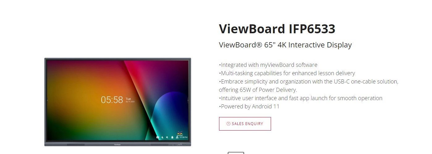 ViewSonic 65' 4K Interactive Flat Panel Display W/ myViewBoard ‐ Front Facing Speakers, 8GB Usb‐C Inc Ipf6533 -3 Years Advance Replacement