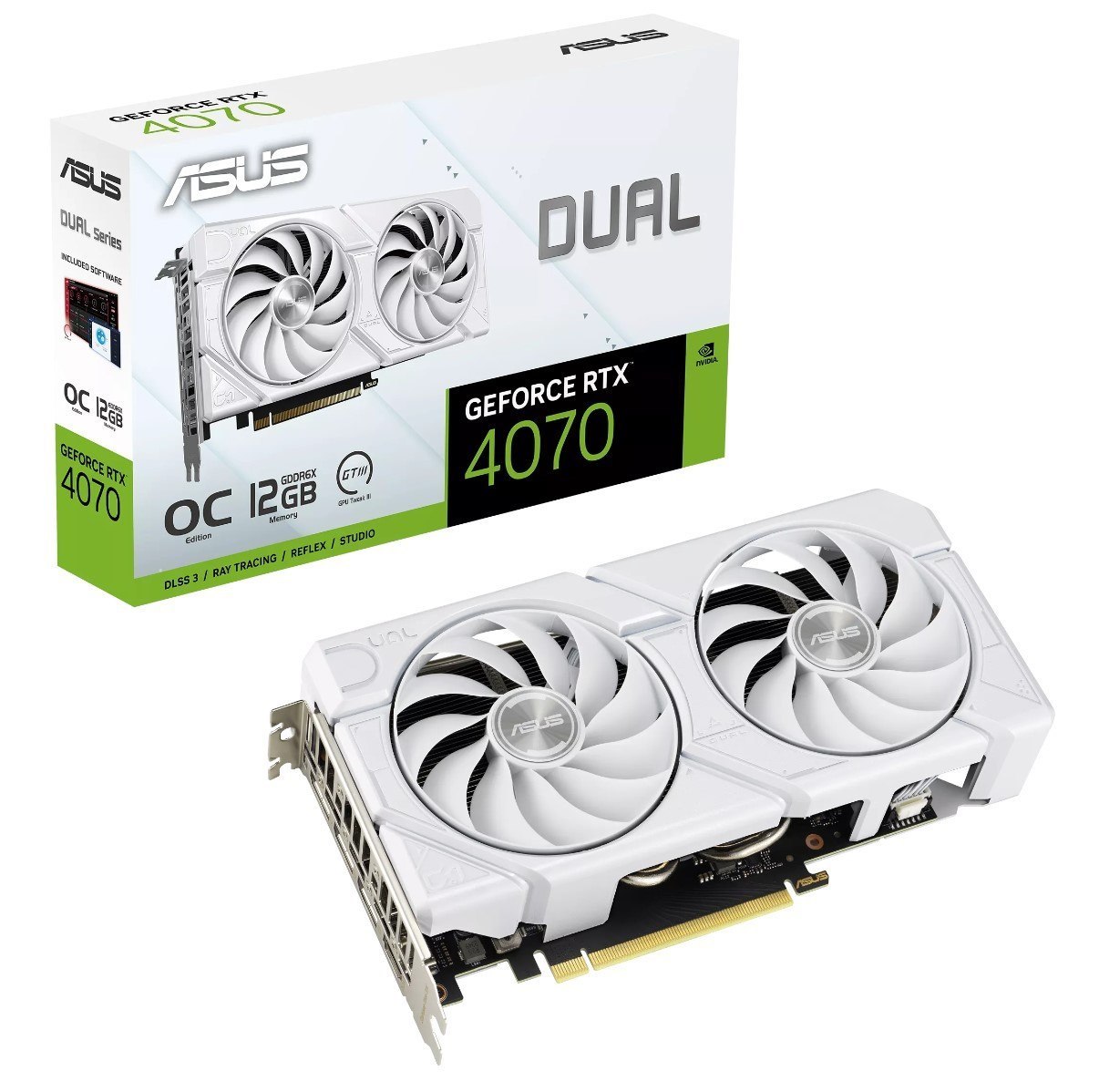 Asus nVidia GeForce Dual-Rtx4070-O12g-Evo-White RTX4070 Evo White Oc Edition 12GB GDDR6X, 2520 MHz Boost Clock, Ram 21Gbps, 3xDP, 1xHDMI