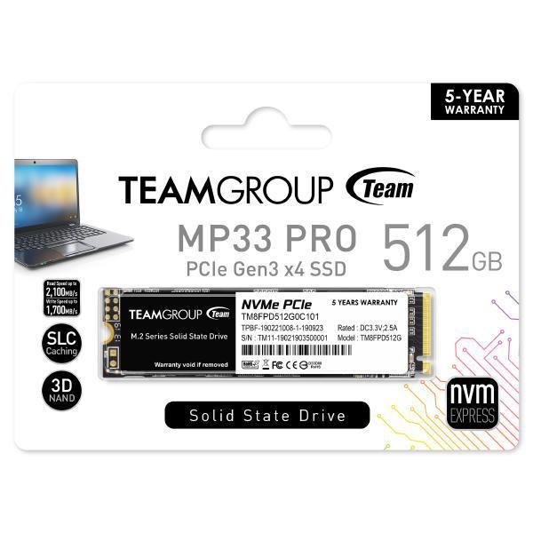 Teamgroup MP33 Pro 512GB SLC Cache 3D Nand TLC NVMe 1.3 PCIe Gen3x4 M.2 2280 Internal SSD (Read Speed Up To 2100MB/s), 5 Years Warranty