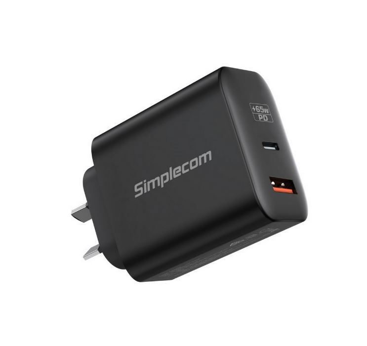 Simplecom Cu265 Dual Port PD 65W GaN Fast Wall Charger Usb-C + Usb-A For Phone Laptop