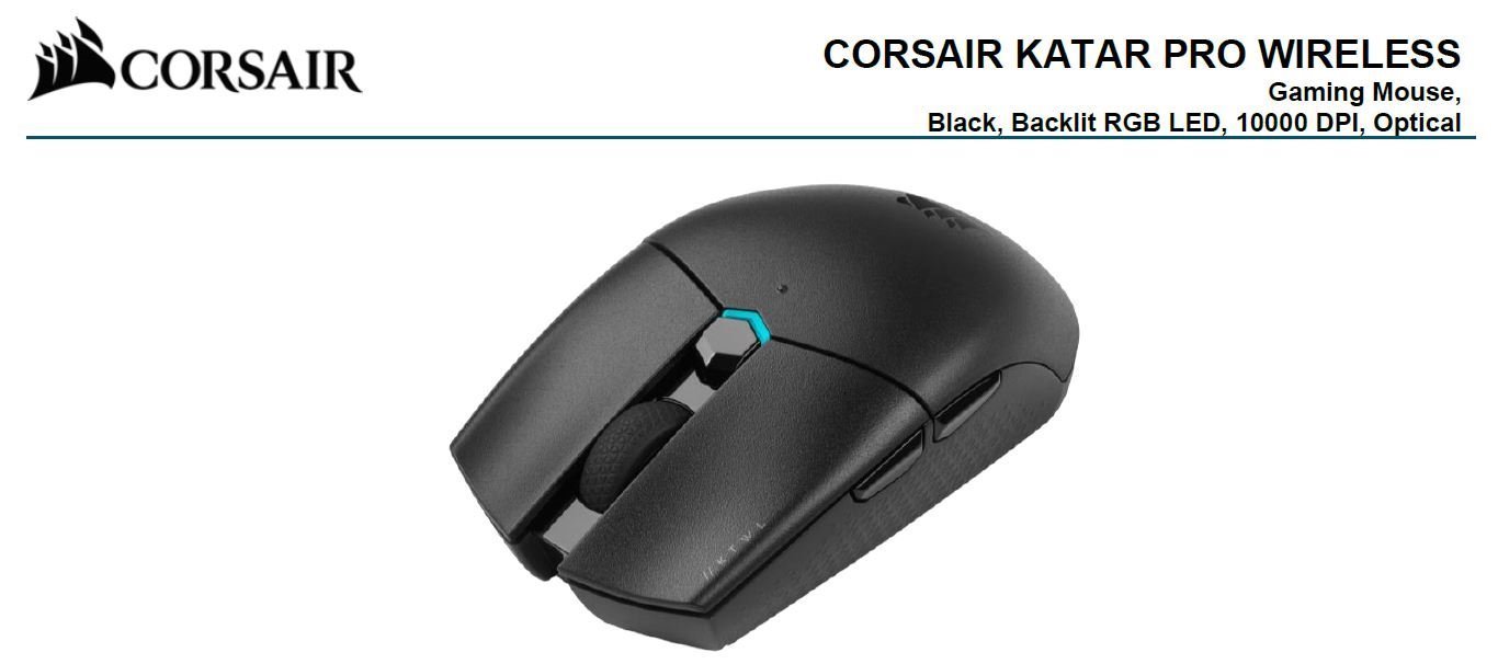 Corsair Katar Pro Wireless Gaming Mice, Ultra Light Weight, Sub-1Ms Slipstream Wireless Connection, Icue Software (LS)